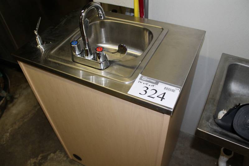 lot 324 image: Cabinet wDual Doors & Stainless Steel Sink Countertop wFaucet & Soap Dispenser 26 x 13 x 39.