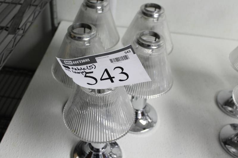 lot 543 image: Lot of (5) Oil Lamps wClear Fixtures & Stainless Steel Style Bases.