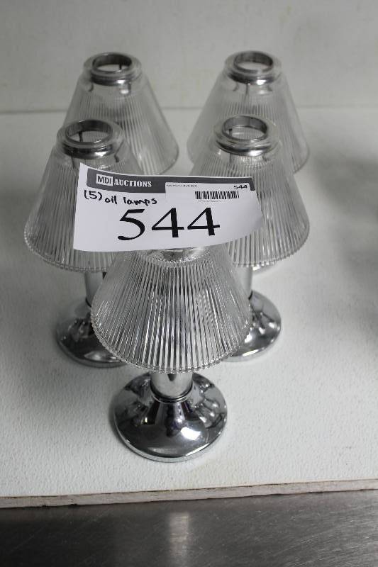 lot 544 image: Lot of (5) Oil Lamps wClear Fixtures & Stainless Steel Style Bases.