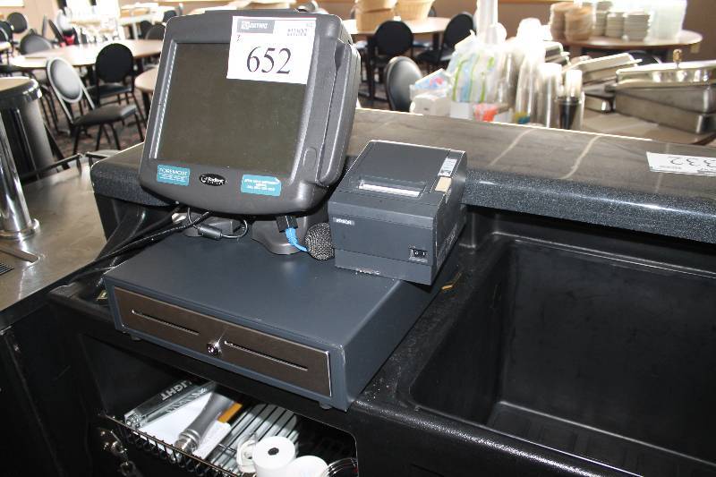 lot 652 image: Lot of (3) Including POS Terminal wScreen & Credit Card Reader Receipt Printer Electronic Cash Drawer Includes Cords.