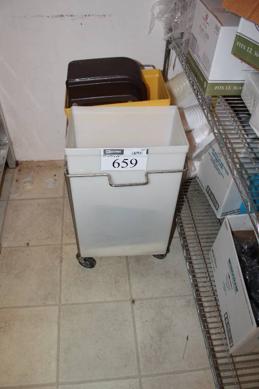 lot 659 image: Metal Cart wBakery Buckets Wheels 29 x 15 x 28.