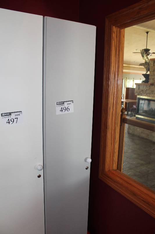 lot 496 image: Cabinet Locker wLocking Door & Handle Multiple Shelves & Hanging Hooks White 16 x 17 x 82.5.