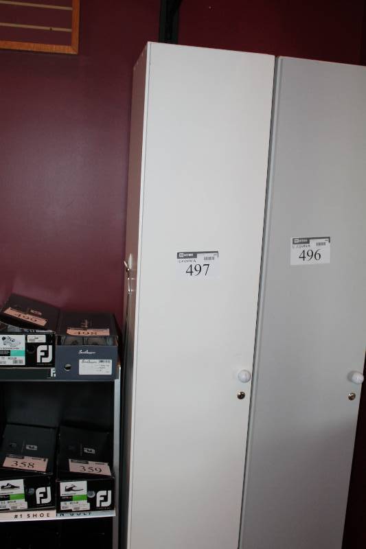 lot 497 image: Cabinet Locker wLocking Door & Handle Multiple Shelves & Hanging Hooks White 16 x 17 x 82.5.