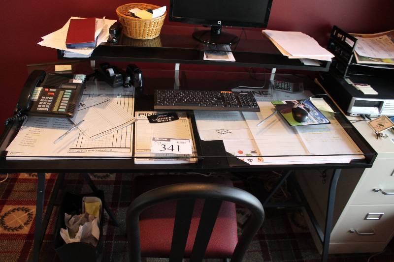 lot 341 image: Office Desk wGlass Work Top & Glass Upper Shelf 27.5 x 55 x 34.