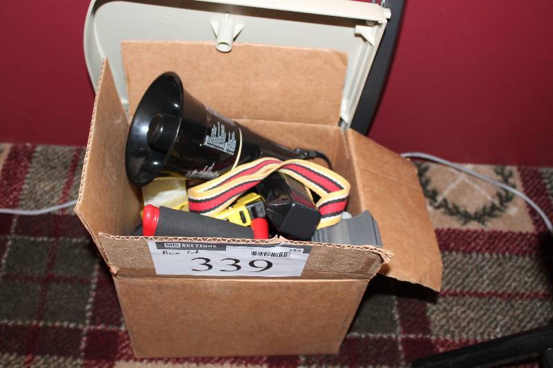 lot 339 image: Box Lot of Tape Roll Dispensers Megaphone And More.