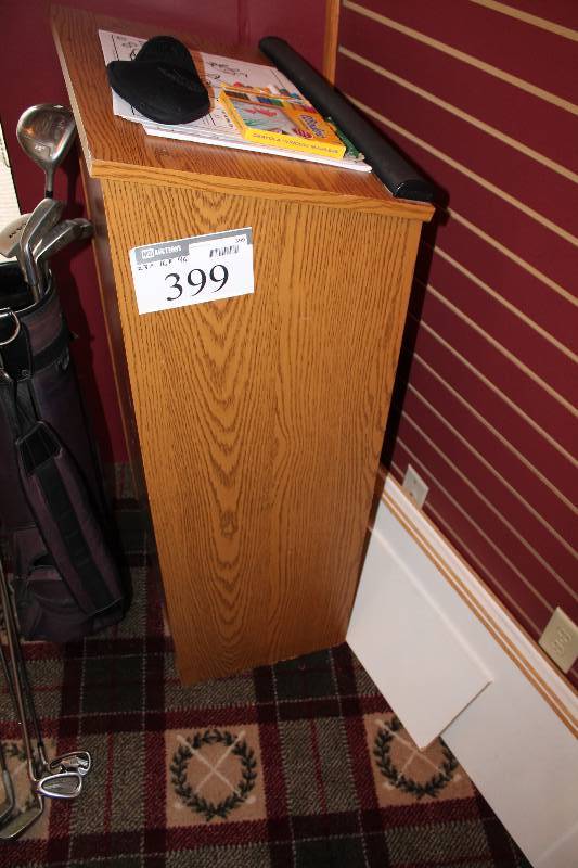 lot 399 image: Wooden Podium wMultiple Shelves & Arm Rest 23 x 16 x 46.