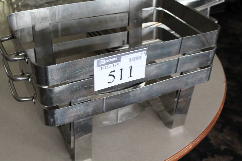 lot 511 image: Lot of (3) Stainless Steel Buffet Dish Holders wHandles 26 x 13 x 9.