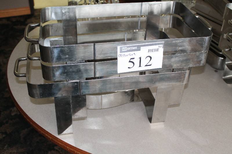 lot 512 image: Lot of (3) Stainless Steel Buffet Dish Holders wHandles 26 x 13 x 9.