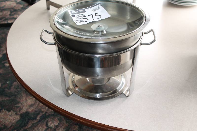 lot 575 image: Stainless Steel Chafing Tray Lot Including Trays (2) Lids (2) Stand (1).