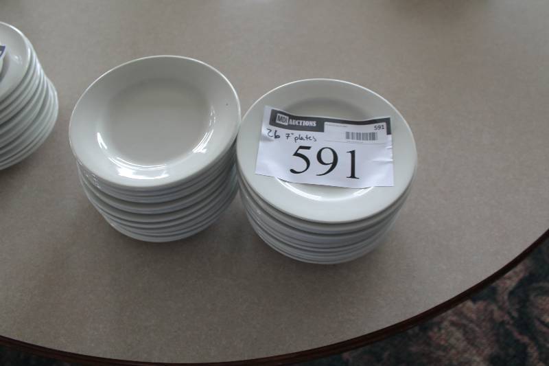 lot 591 image: Lot of (26) White Ceramic Plates 7.
