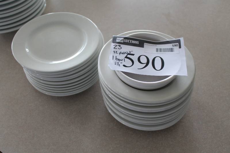 lot 590 image: Lot of (23) White Ceramic Plates 7 (22) 5.5 Bowl (1).