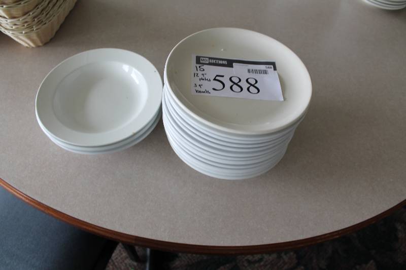 lot 588 image: Lot of (15) White Ceramic Dishware 9 Plates (12) 9 Bowls (3).