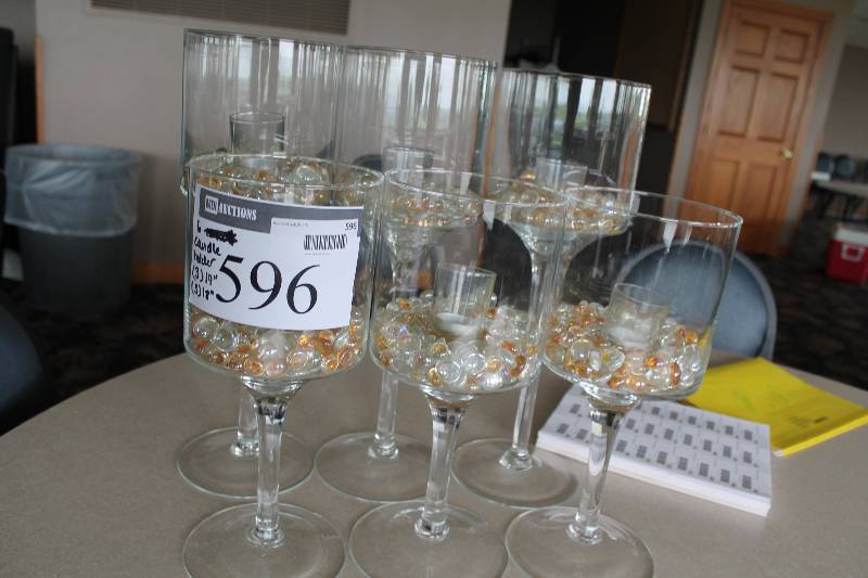 lot 596 image: Lot of (6) Decorative Candle Holders Glass 14 (3) 18 (3).
