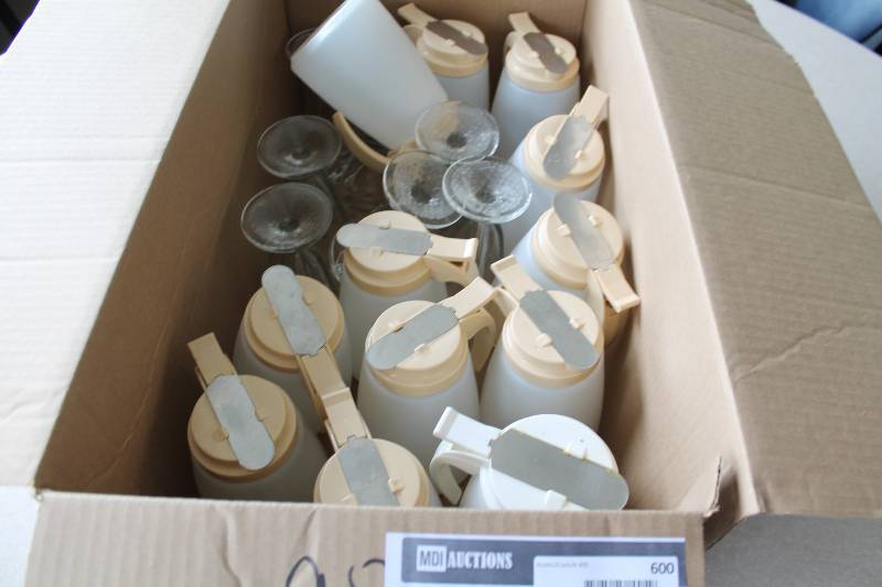lot 600 image: Box Lot Including Syrup Dispensers wLids & Handles Glass Sundae Dish.