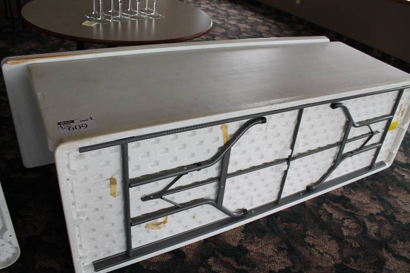 lot 609 image: Lot of (3) Plastic Folding Tabels wMetal Frame & Plastic Top 30 x 96 x 30.