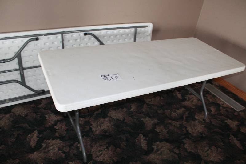 lot 611 image: Lot of (2) Plastic Folding Tabels wMetal Frame & Plastic Top 30 x 96 x 30 30 x 72 x 30.