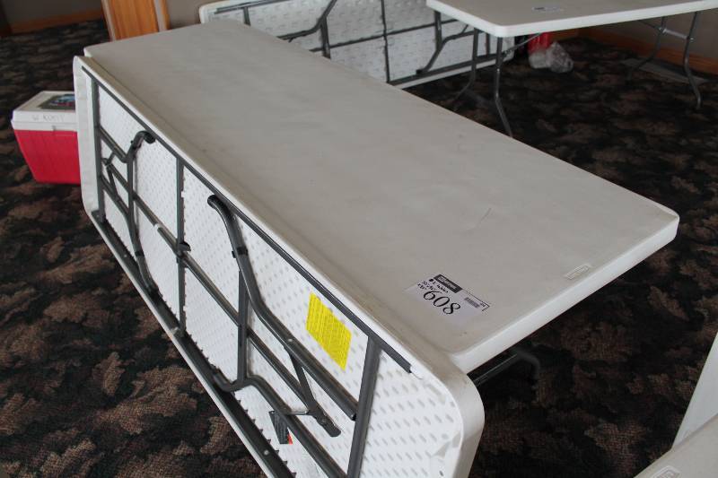 lot 608 image: Lot of (2) Plastic Folding Tabels wMetal Frame & Plastic Top 30 x 96 x 30.