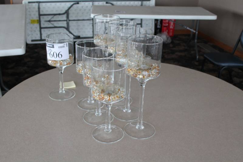 lot 606 image: Lot of (6) Decorative Candle Holders Glass 14 (3) 18 (3).
