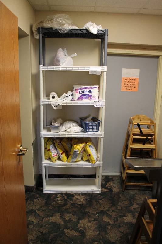 lot 613 image: Plastic Organizational Shelving Unit w5 Shelves 34 x 15 x 90 Contents Not Included.