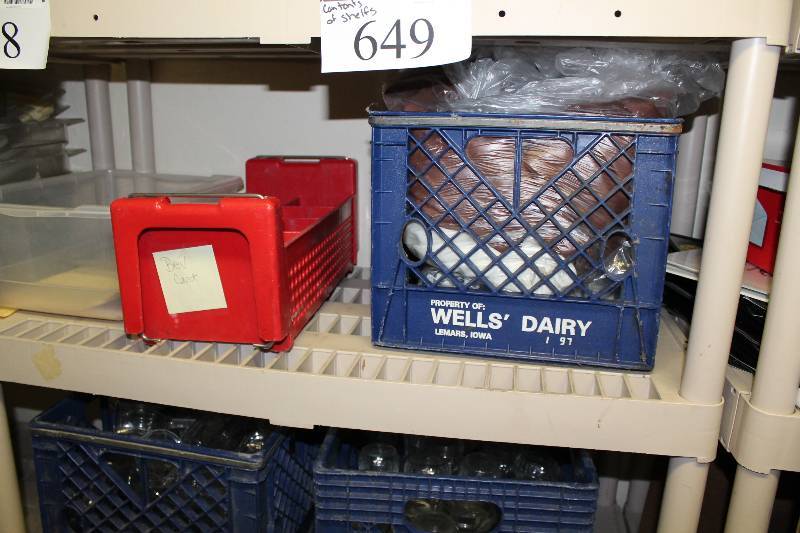 lot 649 image: Contents of Shelf Including Wine Glasses Wine Carafes Plastic Bins And More.