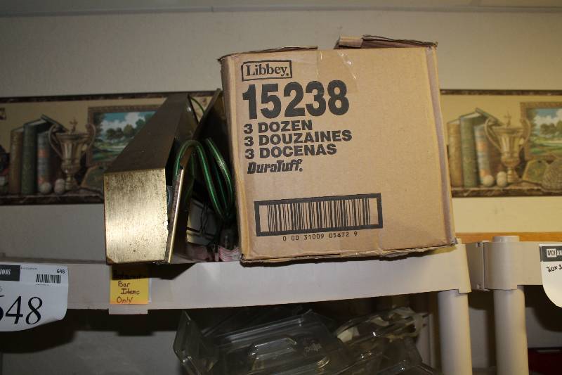 lot 648 image: Contents of Shelf Including Gibraltar 12oz Beverage Glasses Plastic Containers wLids Light Fixture And More.