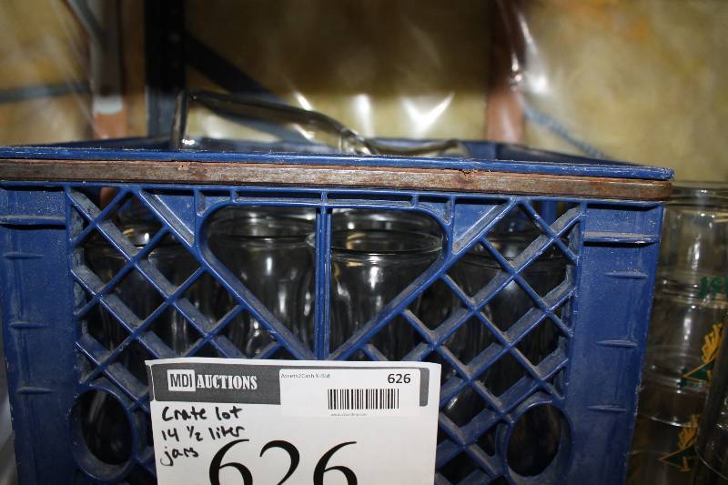 lot 626 image: Lot of (14) Glass Carafes 12 Liter Includes Plastic Container.