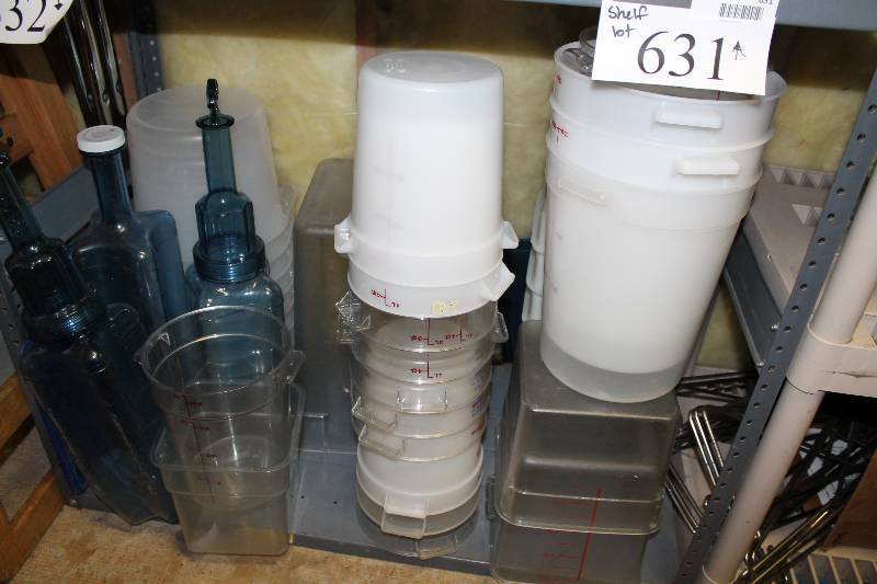 lot 632 image: Shelf Lot Including NSF Approved Plastic Buckets Water Containers Prep Buckets And More.