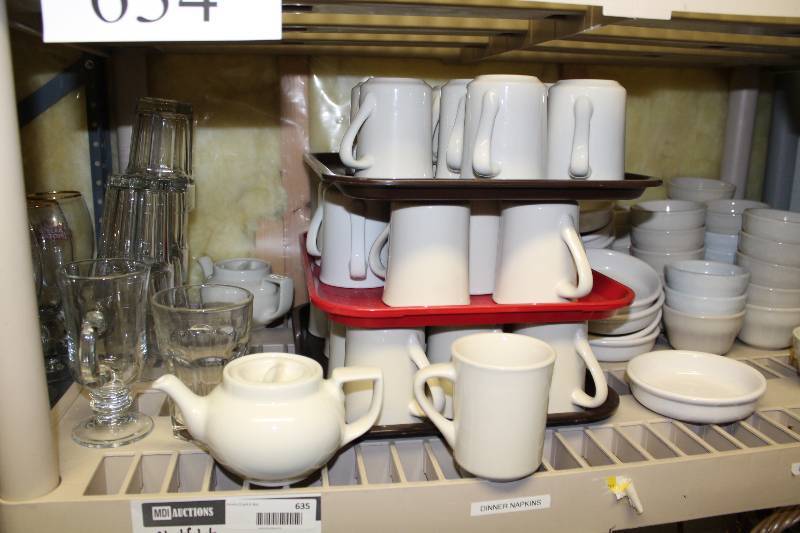 lot 634 image: Shelf Lot Including Coffee Mugs Coffee Serving Pot Soup Bowls And More.