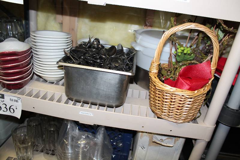 lot 635 image: Shelf Lot Including Metal Container of Metal Silverware Decorative Wicker Basket Small Bowls And More.