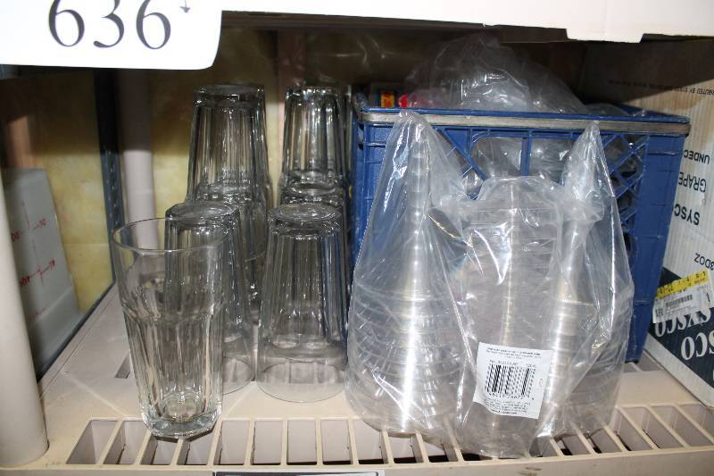 lot 636 image: Shelf Lot Including Glassware Plastic Drink Cups Small Dinner Plate And More.