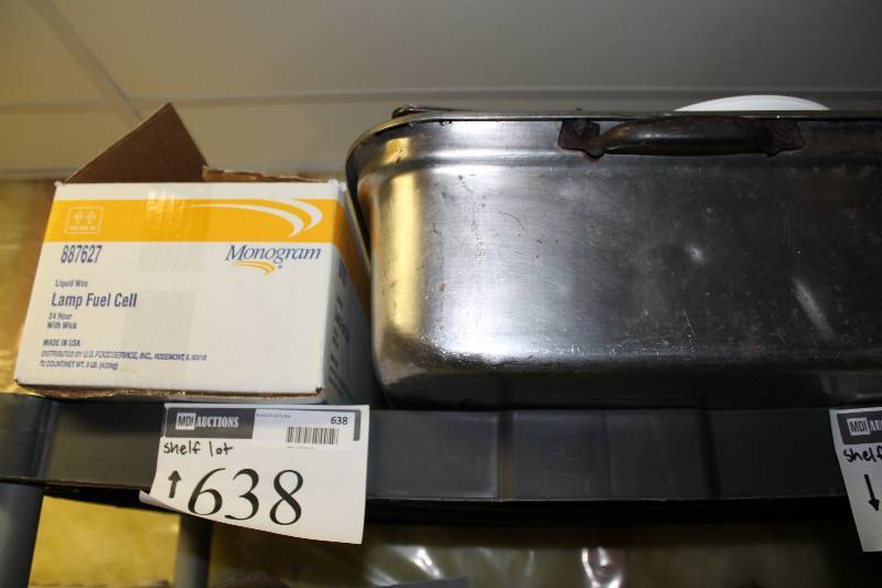 lot 638 image: Shelf Lot Including Pizza Paddle Large Metal Dish wHandle Box of Liquid Wax Lamp Fuel Cell And More.