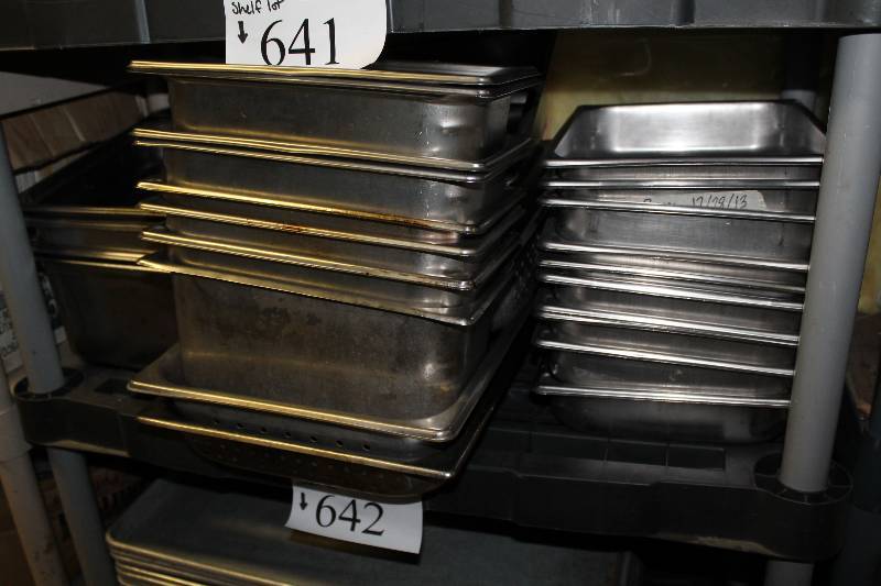 lot 641 image: Shelf Lot of Stainless Steel Metal Trays & BinsSteamer Trays.