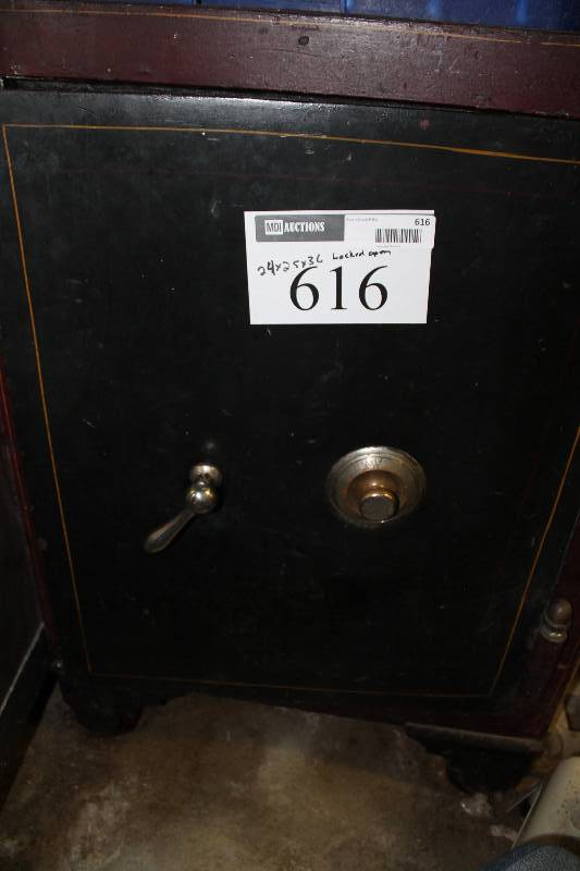 lot 616 image: Vintage Safe wDial & Handle Wheels Locked Open 24 x 25 x  36.e
