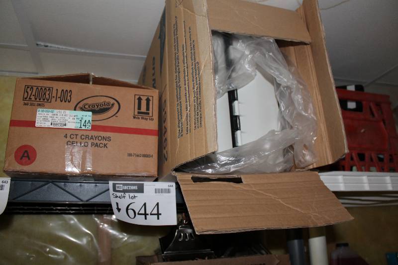 lot 643 image: Shelf Lot Including Box of Crayola 4ct. Crayons For Coloring Books Paper Towel Dispenser.