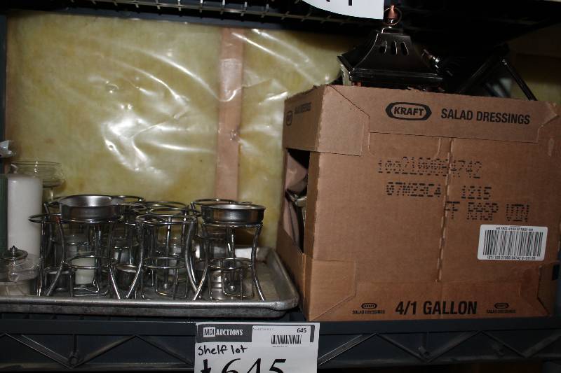 lot 644 image: Shelf Lot of Candle HoldersChafing Fuel Holders Stainless Steel Box of Decorative Landers wCandle Holders.