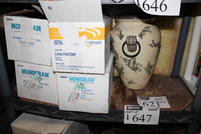 lot 646 image: Shelf Lot Including Monogram Liquid Wax Lamp Fuel Cell Box Decorative Pot Monogram Fuel Cell Box (3).