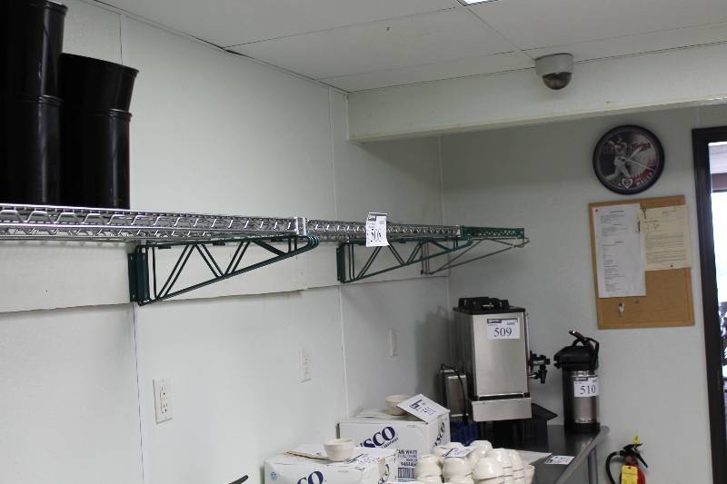 lot 508 image: Lot of (3) Wire Grate Metal Shelving Units Wall Mounted 18 x 48 x 2 (2) 18 x 35 x 2 (1).