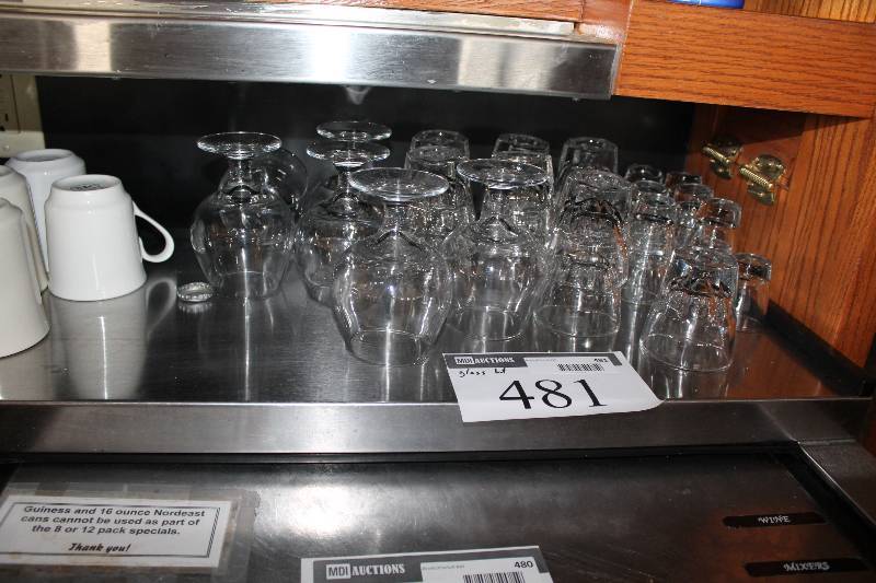 lot 481 image: Shelf Lot Including Whiskey Glasses Shot Glasses Drinking Glasses And More.
