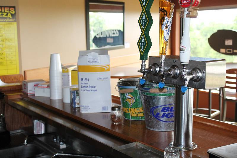 lot 485 image: Contents of Bar Including Plastic Display Stand NSF Approved Bucket Metal Beer Buckets (app. 5 ct) And More.
