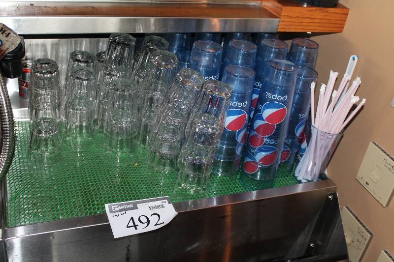 lot 492 image: Cup Lot Including Drinking Glasses Plastic Pepsi Cups.