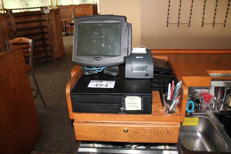 lot 484 image: POS Lot Including Radiant Systems POS Terminal wCredit Card Reader Electronic Cash Drawer Model P1220-0153 Receipt Printer Includes Cords & Cables.