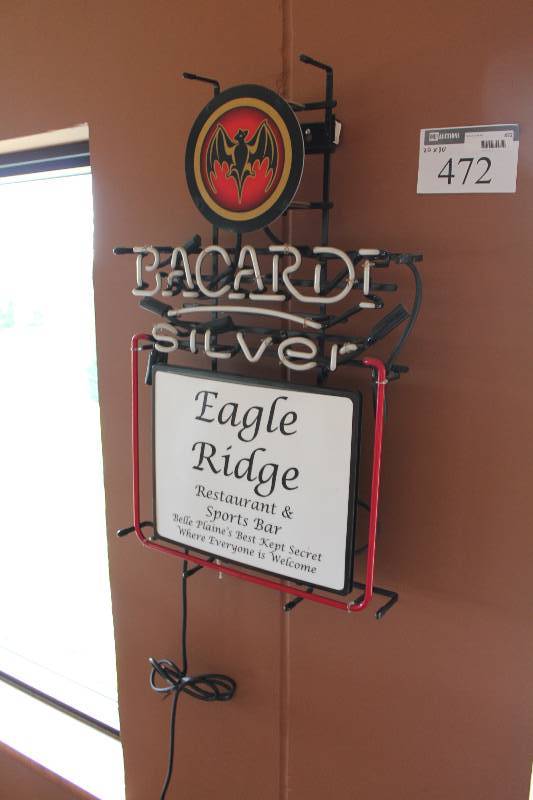 lot 472 image: Bacardi Silver Neon Sign wCord Eagle Ridge Sign Below 20 x 30.