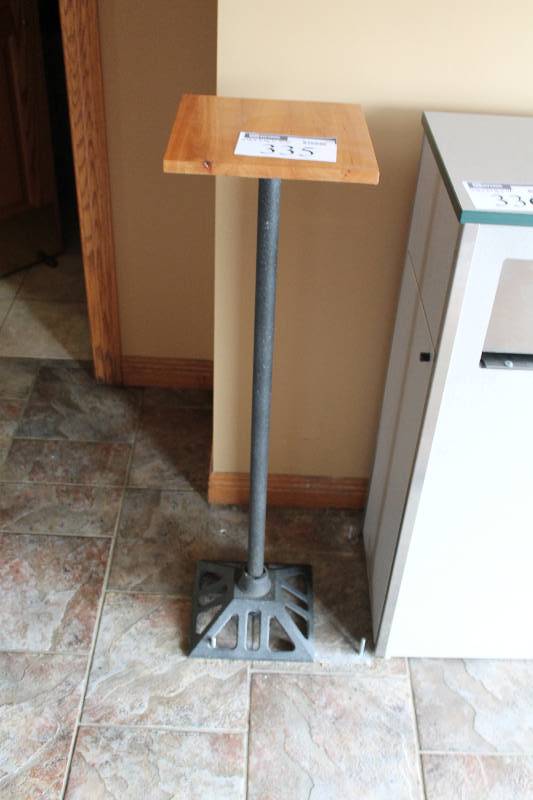 lot 335 image: Wooden Hi-Top Table wMetal Base 11.5 x 11.5 x 43.5.