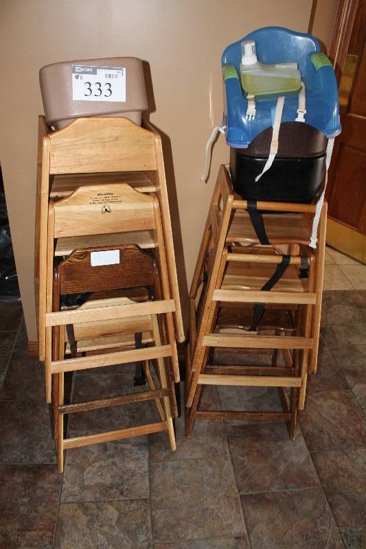 lot 333 image: Lot of (11) Wooden Hi-Chairs Includes Kids Seats.