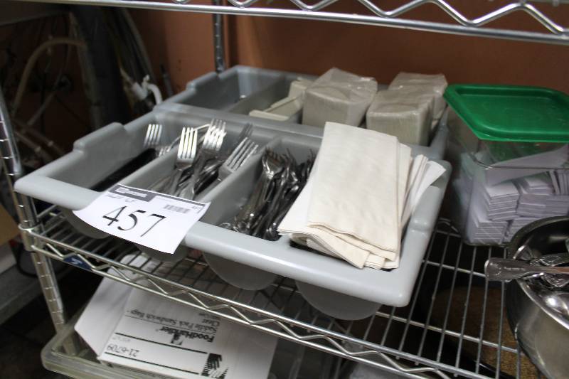 lot 457 image: Shelf Lot Including Metal Forks Metal Spoons Metal Bowl Silverware Divider And More.