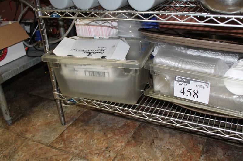 lot 458 image: Shelf Lot Including NSF Approved Plastic Bins Bucket of Straws NSF Approved Plastic Bucket And More.