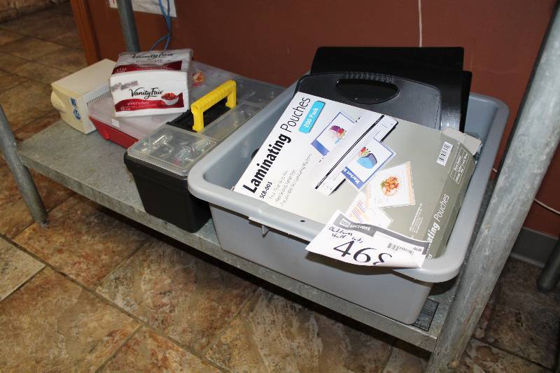 lot 468 image: Bottom Shelf Lot Including Plastic Tool Box wMiscellaneous Hardware & Tools Laminating Pouches First Aid Kit And More.
