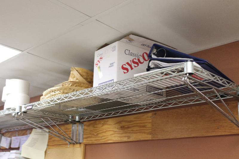 lot 465 image: Shelf Lot Including Box of Kitchen Ribbons Receipt Tape Bar Ribbons Wicker Baskets And More.