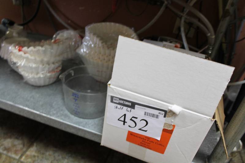 lot 452 image: Shelf Lot Including Ceramic Coffee Mugs Coffee Pitchers wLids Coffee Filters And More.