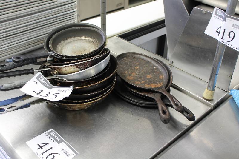 lot 435 image: Lot of (16) Stainless Steel Metal Frying Pans wHandles Miscellaneous Shapes & Sizes.